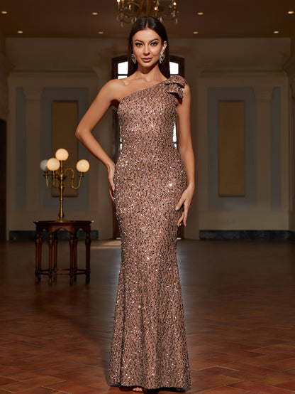 Women's Sequin One-Shoulder Dress: An Elegant Sleeveless Dress with a Fish Tale Hem for Parties, Banquets.