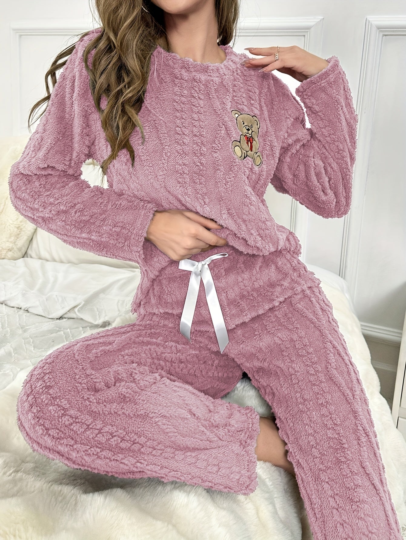 Cozy Coral Fleece Pajama Set for Women - Cute Bear Embroidery, Long Sleeve & Pants, Round Neck Top