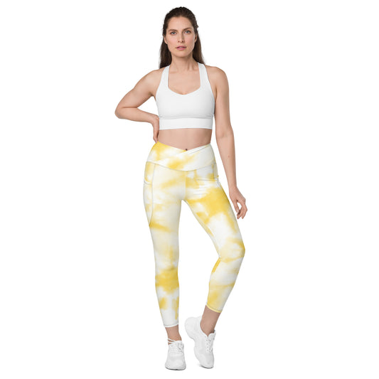 Style Meets Practicality: Sun Yellow Tie-Dyed Crossover Leggings with Pockets