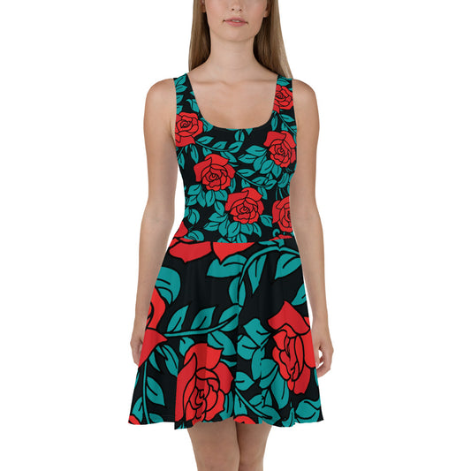 The Red Rose Floral Pattern Skater Dress - Embrace the Beauty of Roses with this Dress.