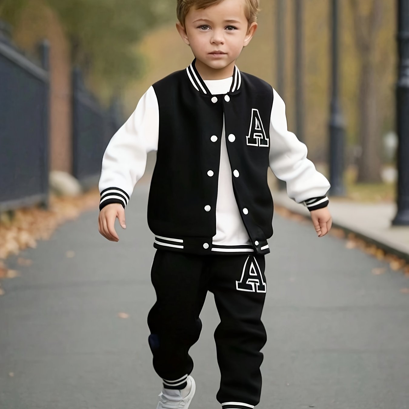 2pcs Boys' Casual Polyester Varsity Jacket and Joggers Set, Crew Neck, Slight Stretch Fabric