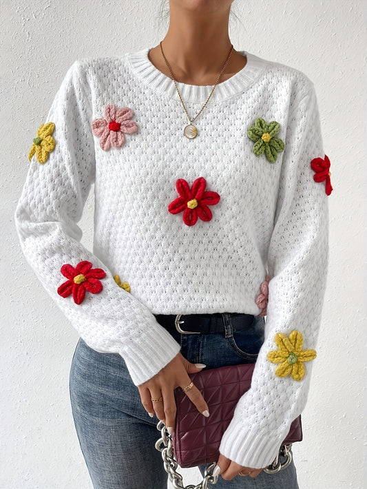 Floral Decor Crew Neck Sweater, Elegant Long Sleeve Sweater For Fall & Winter, Women's Clothing