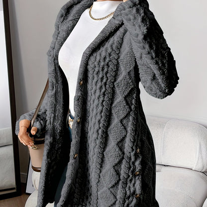 Women's button Front Hoodie Teddy Coat, Casual Long Sleeve Textured Fluffy Coat For Fall & Winter