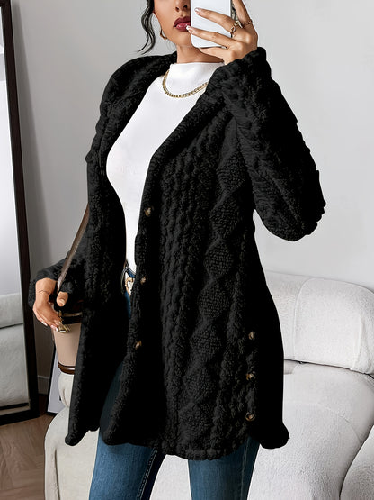 Women's button Front Hoodie Teddy Coat, Casual Long Sleeve Textured Fluffy Coat For Fall & Winter