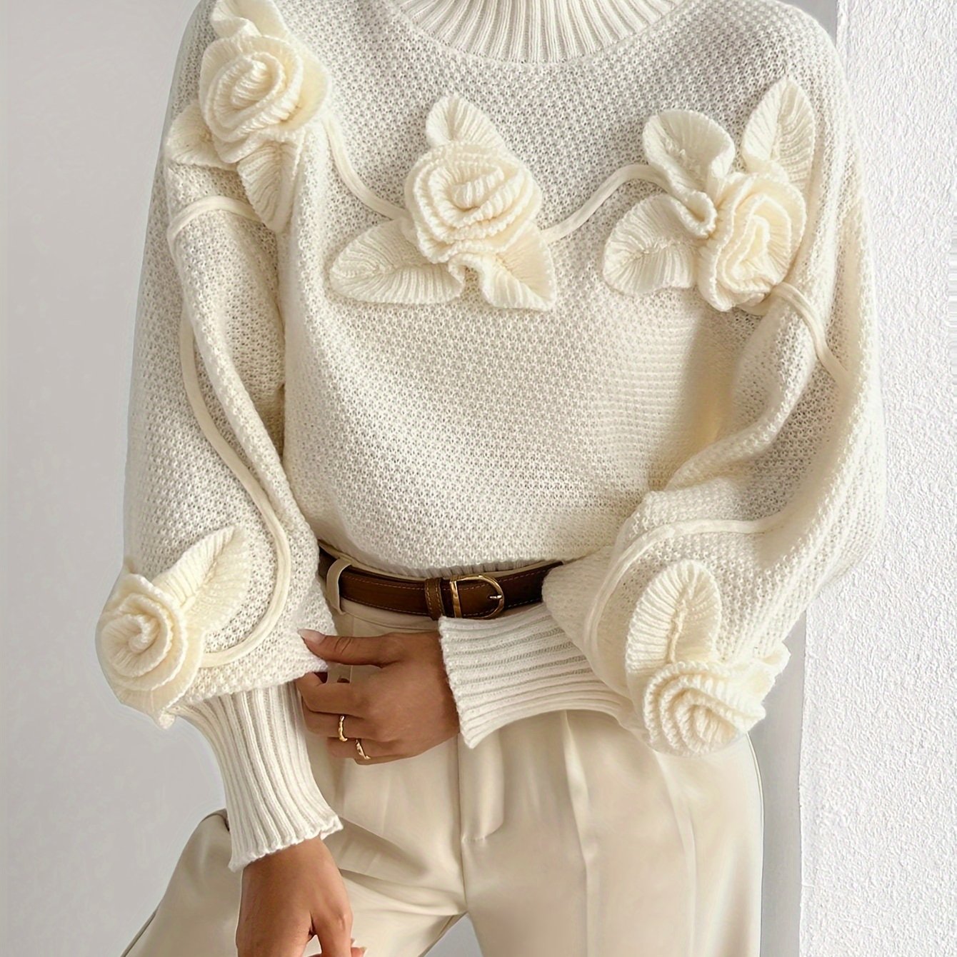 Elegant Floral Turtleneck Sweater for Women - Long Sleeve, Polyester Knit, Perfect for Fall/Winter