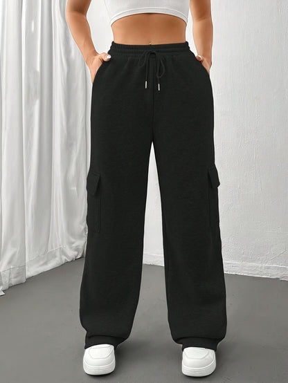 Women's Flap Pockets Straight Leg Sweatpants, Casual Slant Pockets Drawstring Elastic Waist Pants