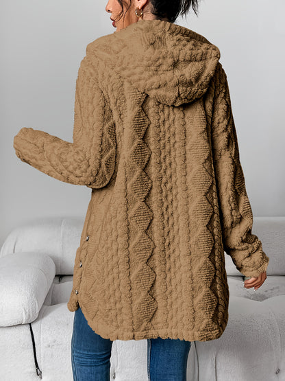 Women's button Front Hoodie Teddy Coat, Casual Long Sleeve Textured Fluffy Coat For Fall & Winter