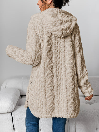 Women's button Front Hoodie Teddy Coat, Casual Long Sleeve Textured Fluffy Coat For Fall & Winter