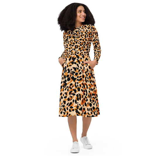 Chic Women's Long Sleeve Midi Dress Animal print & Exquisite Detailing for Elegance - Pearl Of Faith Clothing Store Limited