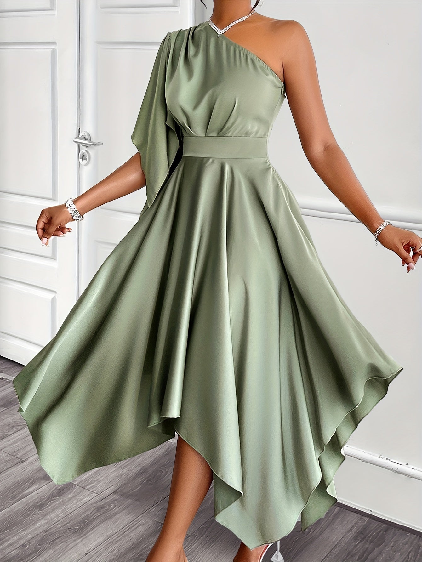 Elegant Asymmetrical One-Should Peplum Dress for Women, crafted from polyester satin, featuring a high-low midi length and ruffle sleeve detail