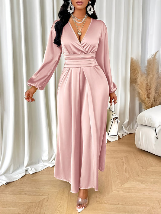 Elegant Satin Maxi Dress for Women - Features a Deep V-Neck, Lantern Sleeves, a Solid Color Design, and Ruched Detailing.