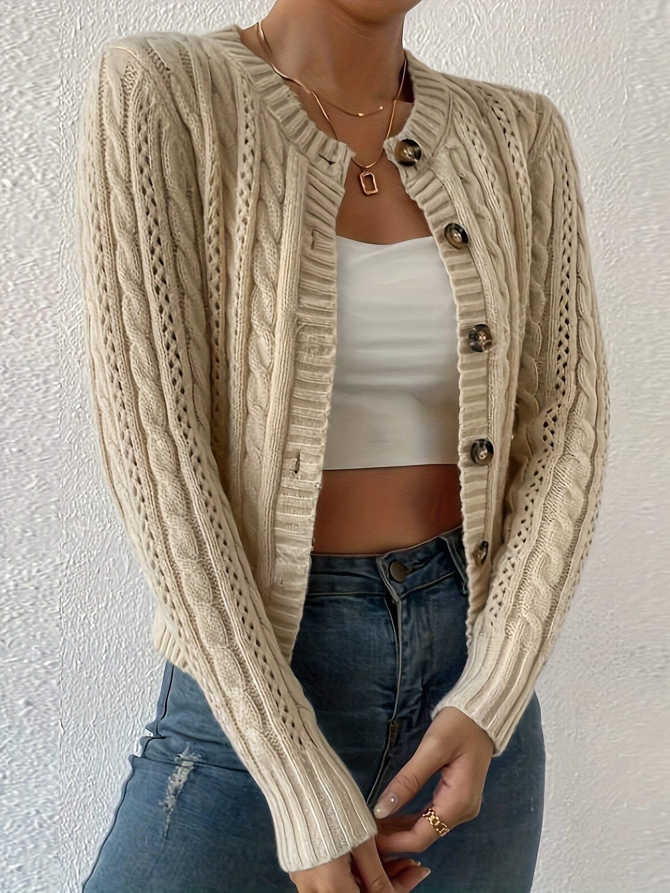 Women's Knit Button Front Cardigan, Elegant Long Sleeve Crew Neck Hollow Out Slim Cardigan For Fall & Winter