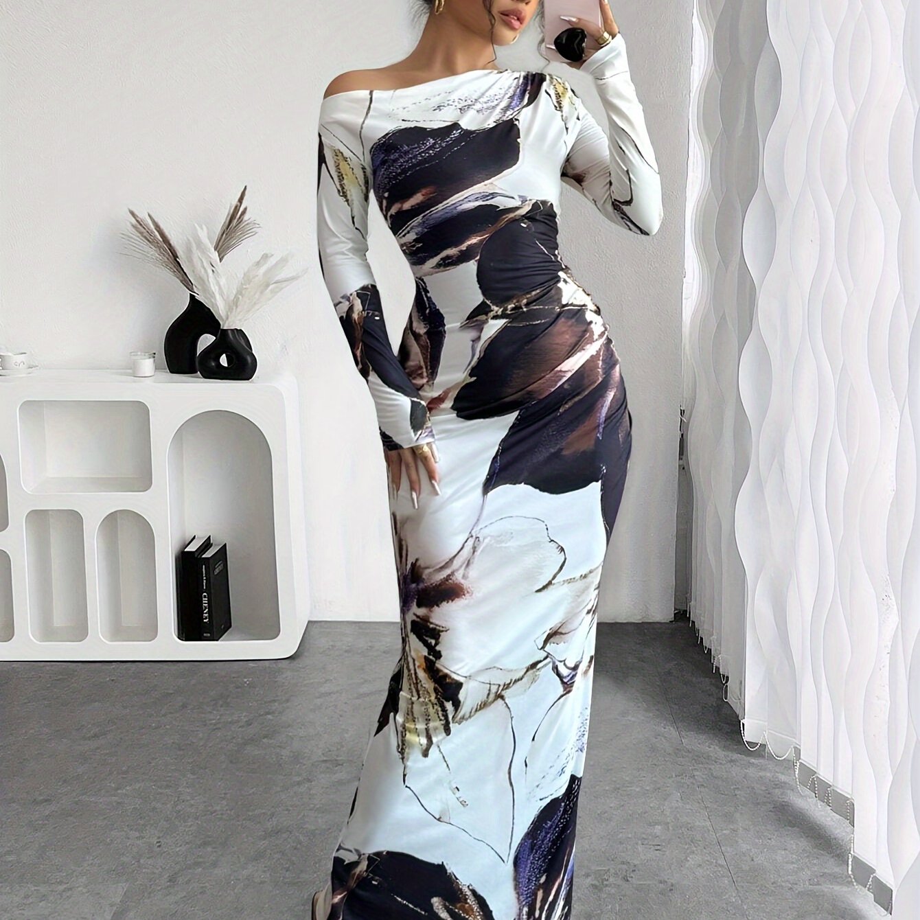 Women's Elegant Floral Print Asymmetrical Off-the-Shoulder Long Sleeve Bodycon Dress - Made with Polyester Knit Fabric, Long Length, Straight Hem, and a Skinny Fit.