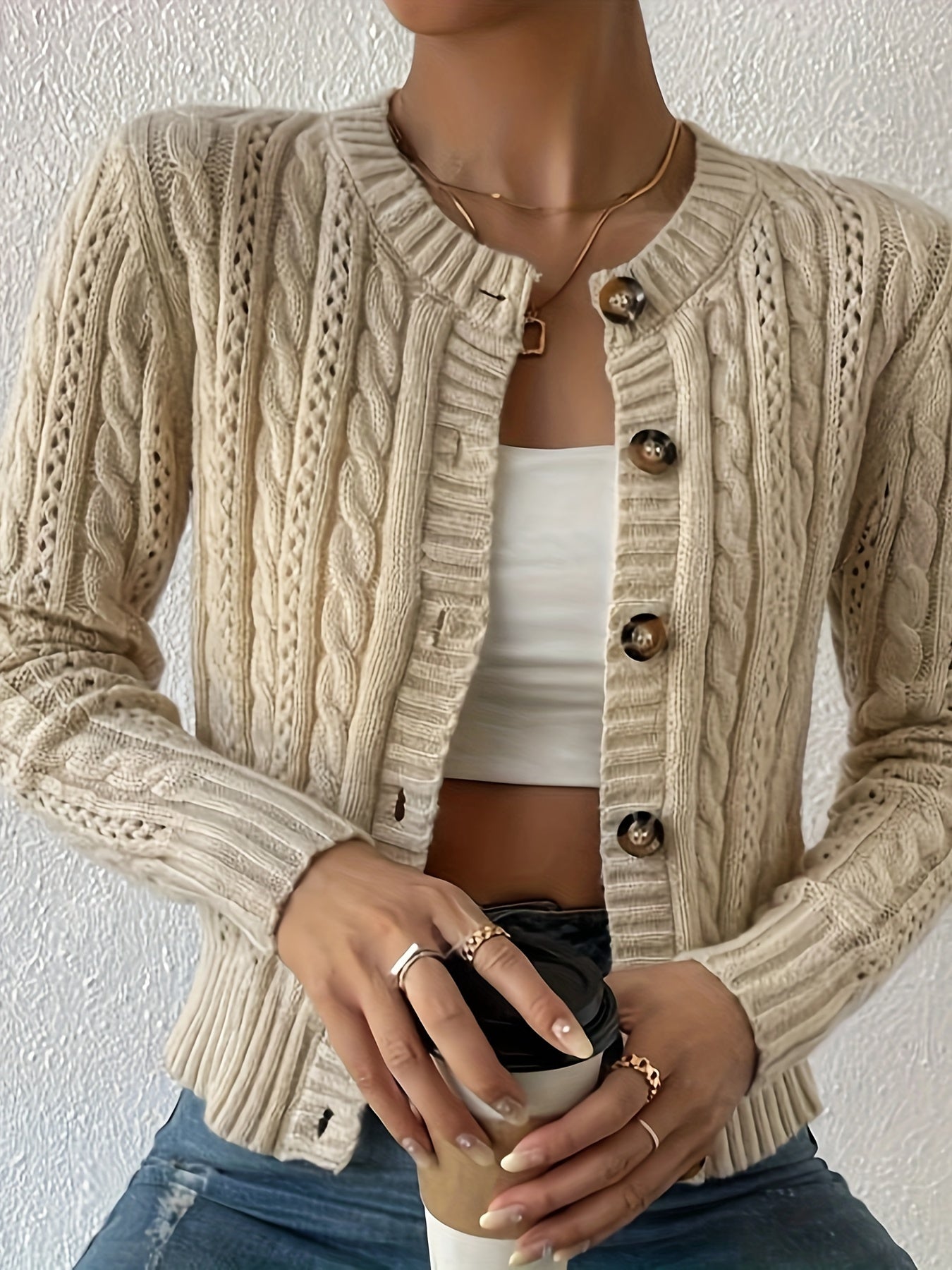 Women's Knit Button Front Cardigan, Elegant Long Sleeve Crew Neck Hollow Out Slim Cardigan For Fall & Winter