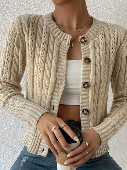 Women's Knit Button Front Cardigan, Elegant Long Sleeve Crew Neck Hollow Out Slim Cardigan For Fall & Winter