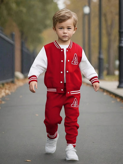 2pcs Boys' Casual Polyester Varsity Jacket and Joggers Set, Crew Neck, Slight Stretch Fabric