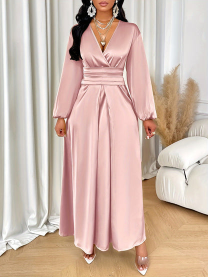 Elegant Satin Maxi Dress for Women - Features a Deep V-Neck, Lantern Sleeves, a Solid Color Design, and Ruched Detailing.