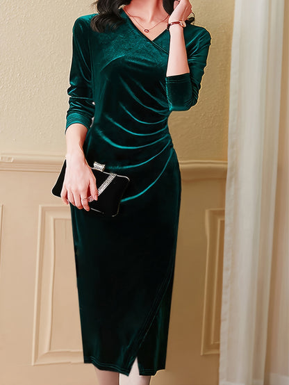 Elegant Velvet Wrap Dress for Women-Long Sleeves ,Neckline with Side Slit, Machine Washable