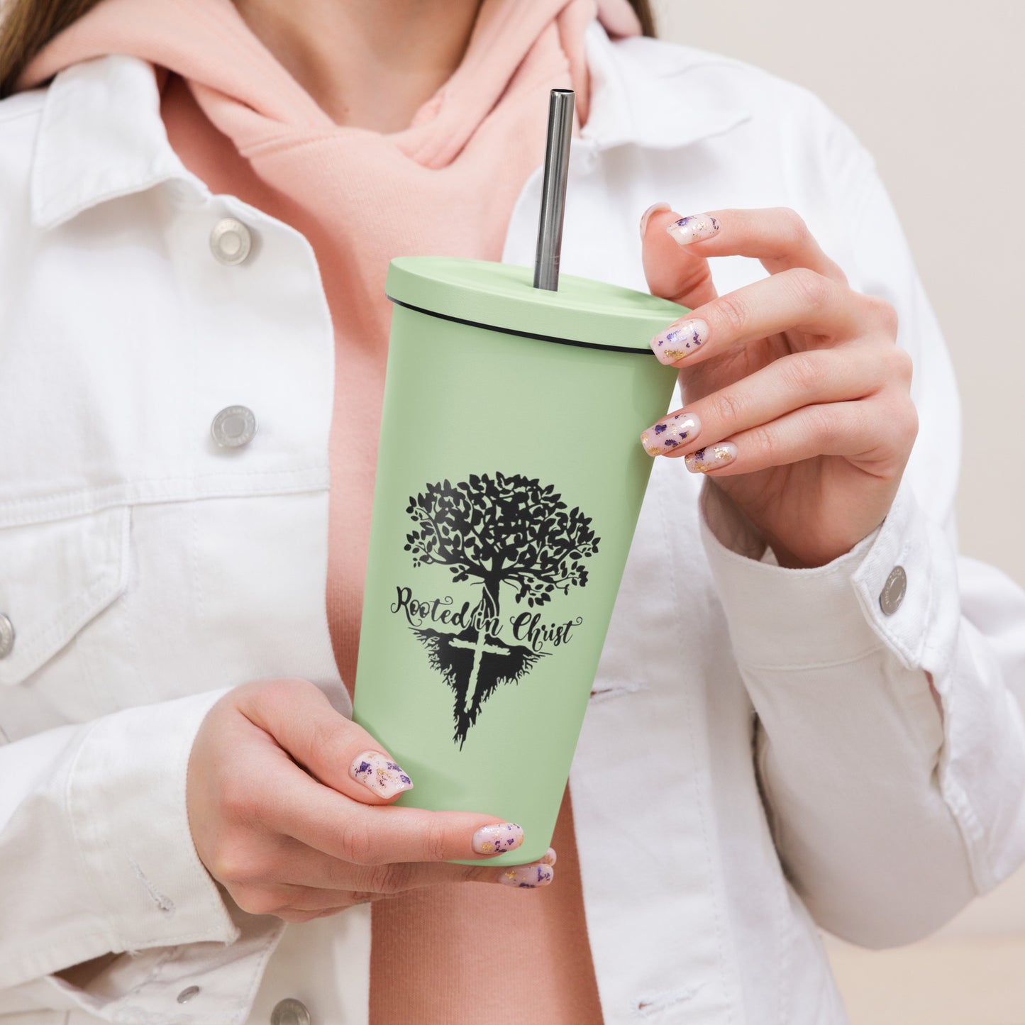 Insulated tumbler with a straw Green , White