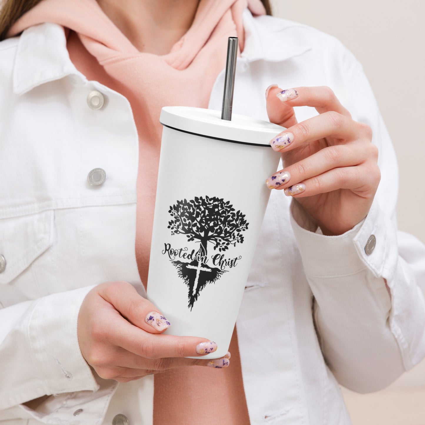 Insulated tumbler with a straw Green , White