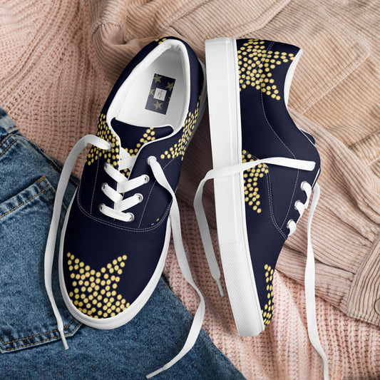 Women’s lace-up canvas shoes Navy Blue Gold star Pattern